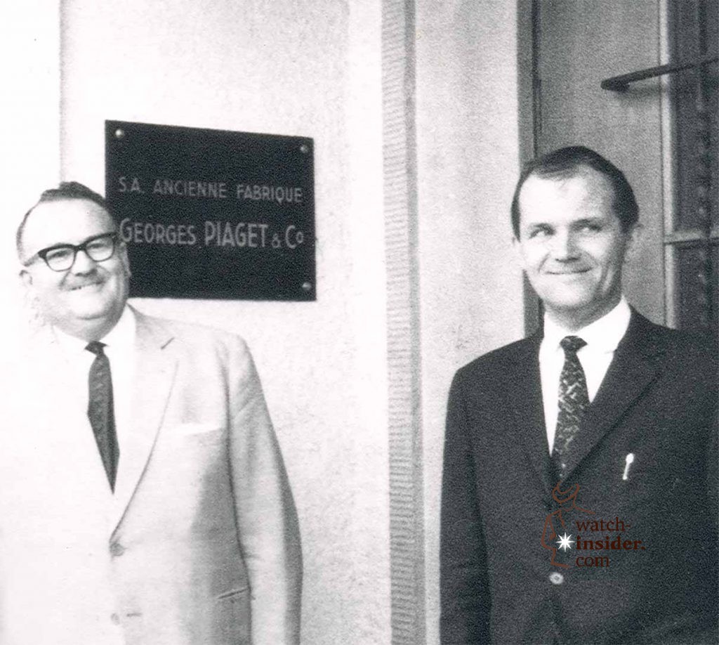 Gérald Piaget and Valentin Piaget in front of the Piaget Manufacture in La Côte-aux-Fées in the 1950’s