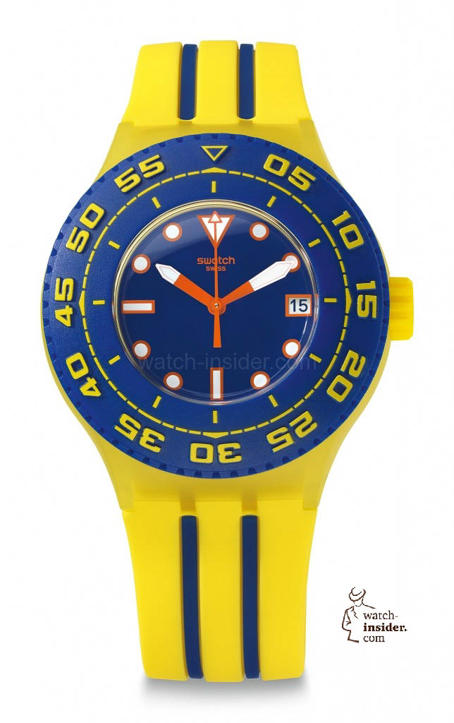PLAYERO Model: Scuba Libre Dial: blue with white superlite and orange dots and indexes, date window at 3 o’clock Case: transparent yellow plastic, water-resistant 20 bar (200 m) Bezel: solid blue plastic with yellow indexes and Arabic numerals, unidirectional rotation  Bracelet: solid yellow and blue silicone with yellow buckle and blue loop