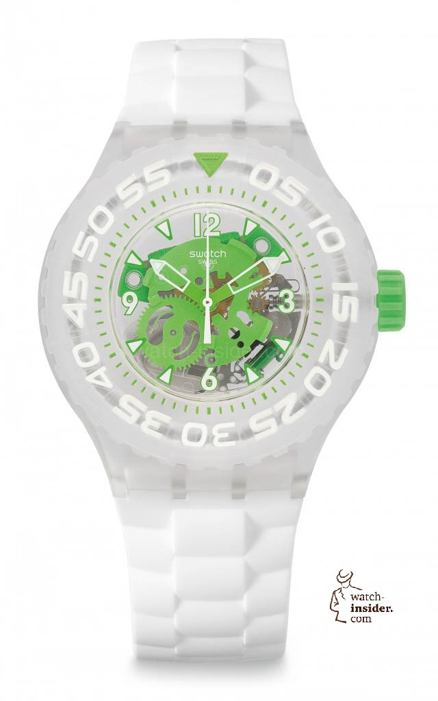 CHLOROFISH Model: Scuba Libre Dial: transparent with green movement, green and white indexes and Arabic numerals at 3, 6, 9 and 12  Case: transparent clear plastic, water-resistant 20 bar (200 m) Bezel: transparent clear plastic with green indexes and white Arabic numerals, unidirectional rotation  Bracelet: solid white silicone with green buckle and loop