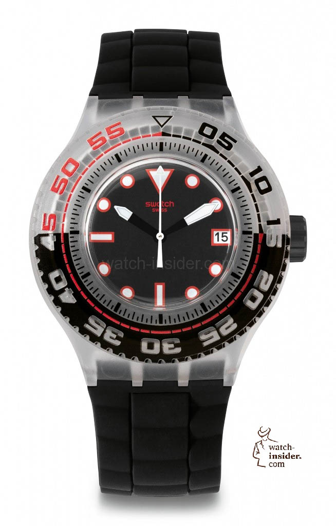 STORMY Model: Scuba Libre Dial: black with white superlite and red dots and indexes, date window at 3 o’clock Case: transparent clear plastic, water-resistant 20 bar (200 m) Bezel:  milky white and solid black plastic with black, white and red indexes and Arabic numerals, unidirectional rotation  Bracelet: solid black silicone with black buckle and loop