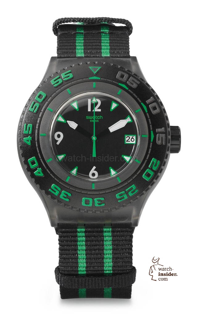 DEEP TURTLE Model: Scuba Libre Dial: black with white superlite and green indexes, white Arabic numerals at 6, 9 and 12, date window at 3 o’clock Case: transparent grey plastic, water-resistant 20 bar (200 m) Bezel: solid black plastic with green and grey indexes and Arabic numerals, unidirectional rotation  Bracelet: Special high quality black and green nylon strap with solid buckle and double nylon loop