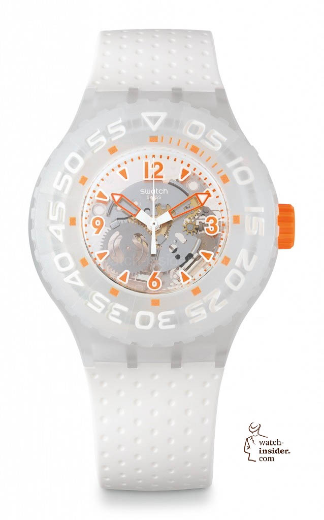 CLOWNFISH Model: Scuba Libre Dial: transparent with silver coloured movement, orange and white indexes and Arabic numerals at 3, 6, 9 and 12  Case: milky white plastic, water-resistant 20 bar (200 m) Bezel: milky white plastic with orange indexes and white Arabic numerals, unidirectional rotation  Bracelet: solid white silicone with orange buckle and loop